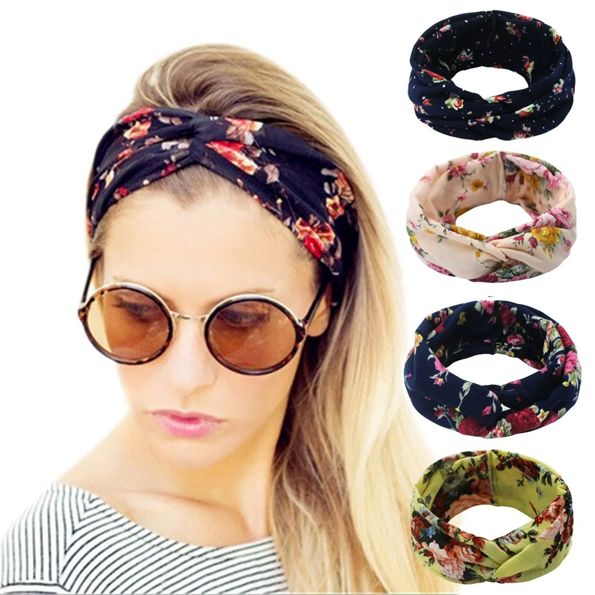 Qhome Women Headband Vintage Elastic Printed Head Wrap Stretchy Moisture Hairband Twisted Cute 4 pcs