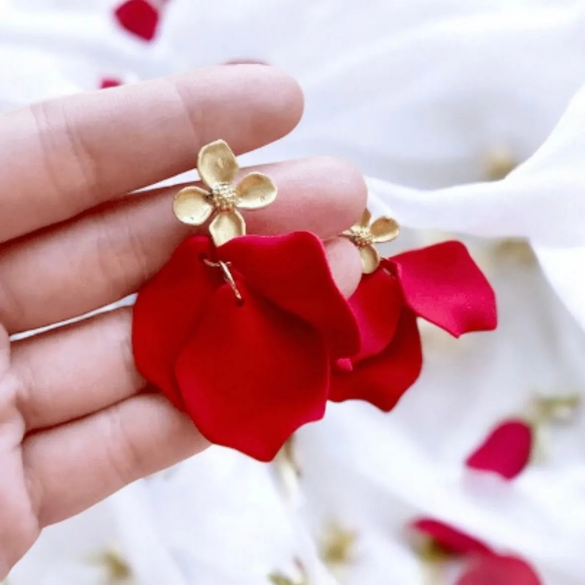 Red - Hot red flower earrings | dangle petals baroque earrings | unique golden chain floral earrings | bridal party wedding earrings