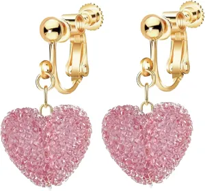 Red Pink Love Heart Clip On Earrings for Women, Non Pierced Drop Shaped Screw Back Jewelry, Mothers' Day Holiday Trendy Dangle Earrings