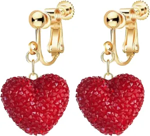 Red Pink Love Heart Clip On Earrings for Women, Non Pierced Drop Shaped Screw Back Jewelry, Mothers' Day Holiday Trendy Dangle Earrings