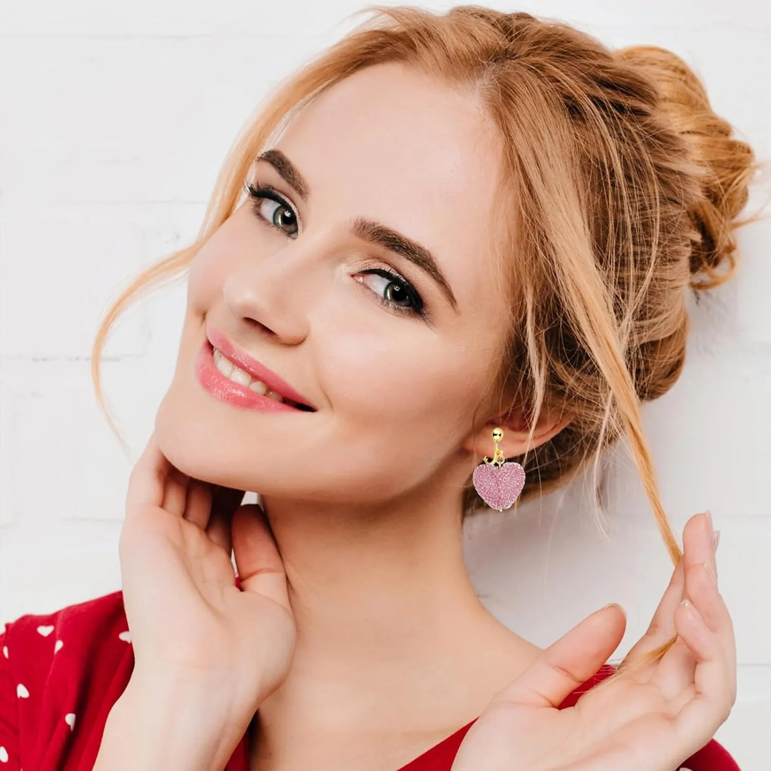 Red Pink Love Heart Clip On Earrings for Women, Non Pierced Drop Shaped Screw Back Jewelry, Mothers' Day Holiday Trendy Dangle Earrings