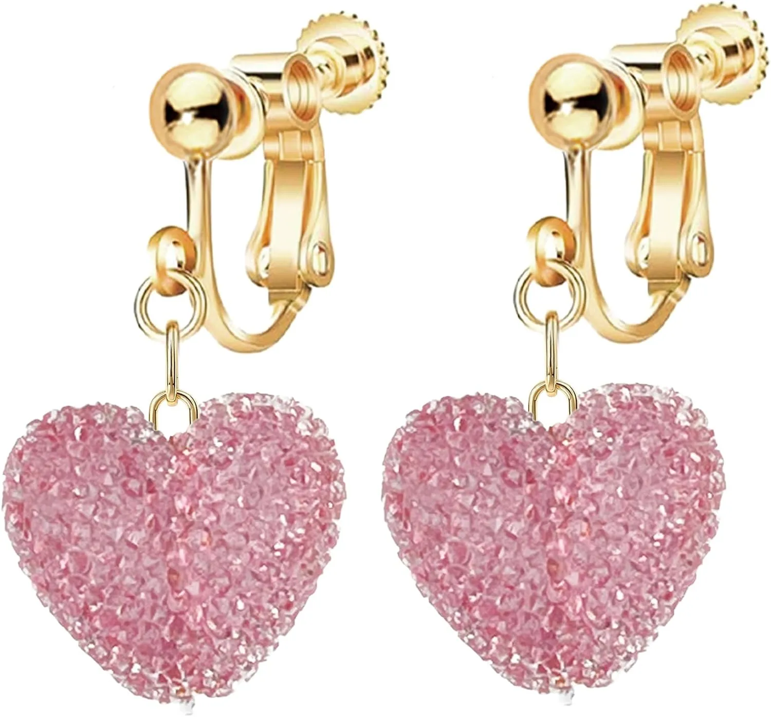 Red Pink Love Heart Clip On Earrings for Women, Non Pierced Drop Shaped Screw Back Jewelry, Mothers' Day Holiday Trendy Dangle Earrings