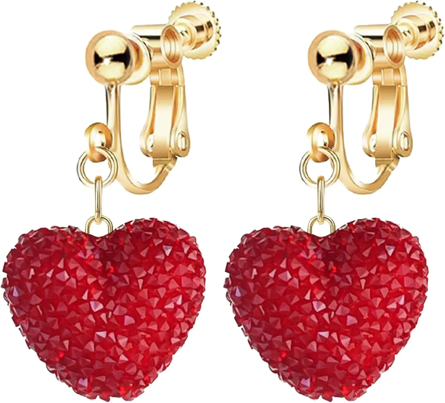 Red Pink Love Heart Clip On Earrings for Women, Non Pierced Drop Shaped Screw Back Jewelry, Mothers' Day Holiday Trendy Dangle Earrings