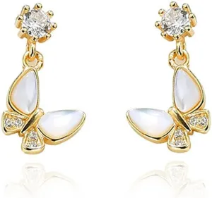 Reffeer Solid 925 Sterling Silver Butterfly Drop Earrings for Women Teens CZ Butterfly Dangle Earrings Studs