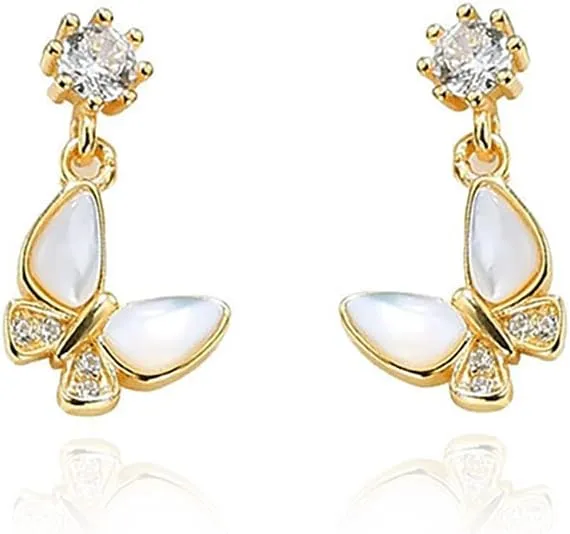 Reffeer Solid 925 Sterling Silver Butterfly Drop Earrings for Women Teens CZ Butterfly Dangle Earrings Studs