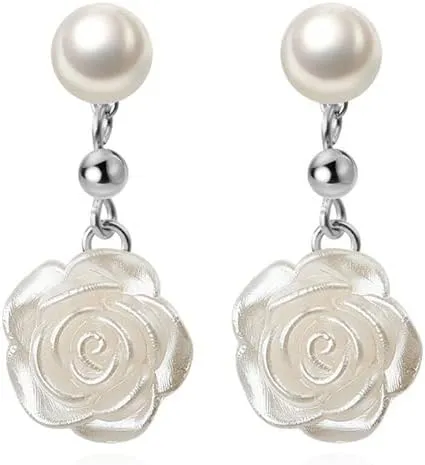 Reffeer Solid 925 Sterling Silver Flower Drop Earrings Dangle for Women Teens Imitation Pearl Drop Earrings Flower for Wedding
