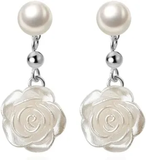 Reffeer Solid 925 Sterling Silver Flower Drop Earrings Dangle for Women Teens Imitation Pearl Drop Earrings Flower for Wedding