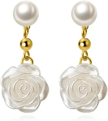 Reffeer Solid 925 Sterling Silver Flower Drop Earrings Dangle for Women Teens Imitation Pearl Drop Earrings Flower for Wedding