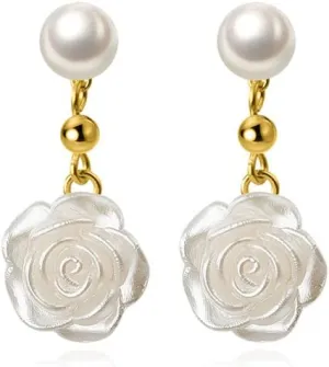 Reffeer Solid 925 Sterling Silver Flower Drop Earrings Dangle for Women Teens Imitation Pearl Drop Earrings Flower for Wedding