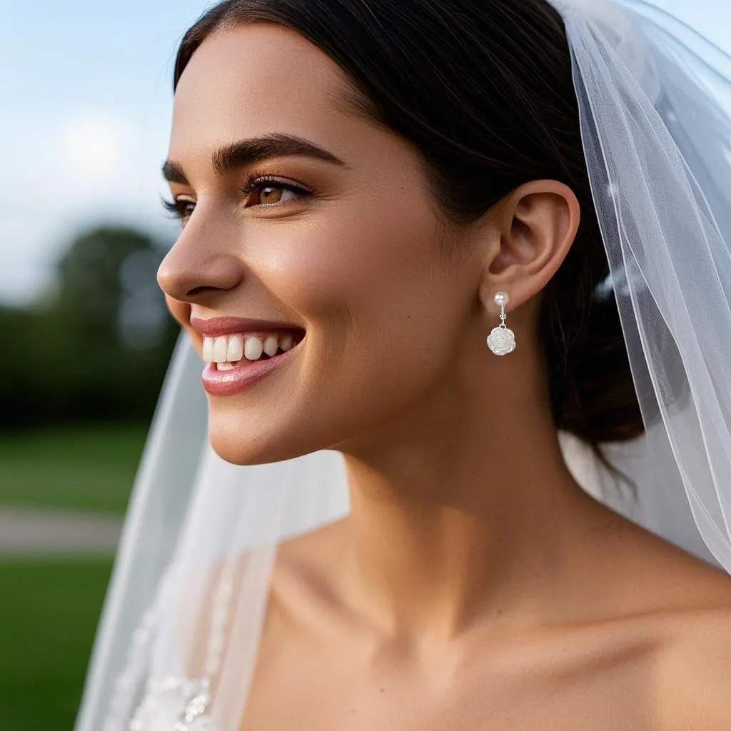 Reffeer Solid 925 Sterling Silver Flower Drop Earrings Dangle for Women Teens Imitation Pearl Drop Earrings Flower for Wedding