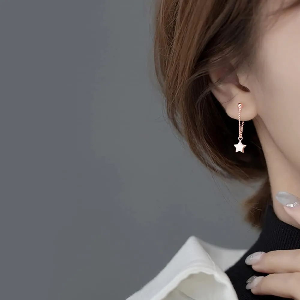 Reffeer Solid 925 Sterling Silver Star Chain Drop Earrings Dangle for Women Teens Small Star Drop Earrings Studs