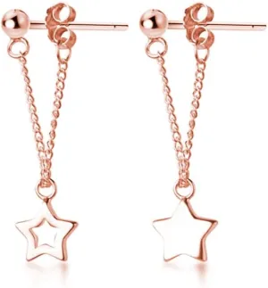 Reffeer Solid 925 Sterling Silver Star Chain Drop Earrings Dangle for Women Teens Small Star Drop Earrings Studs
