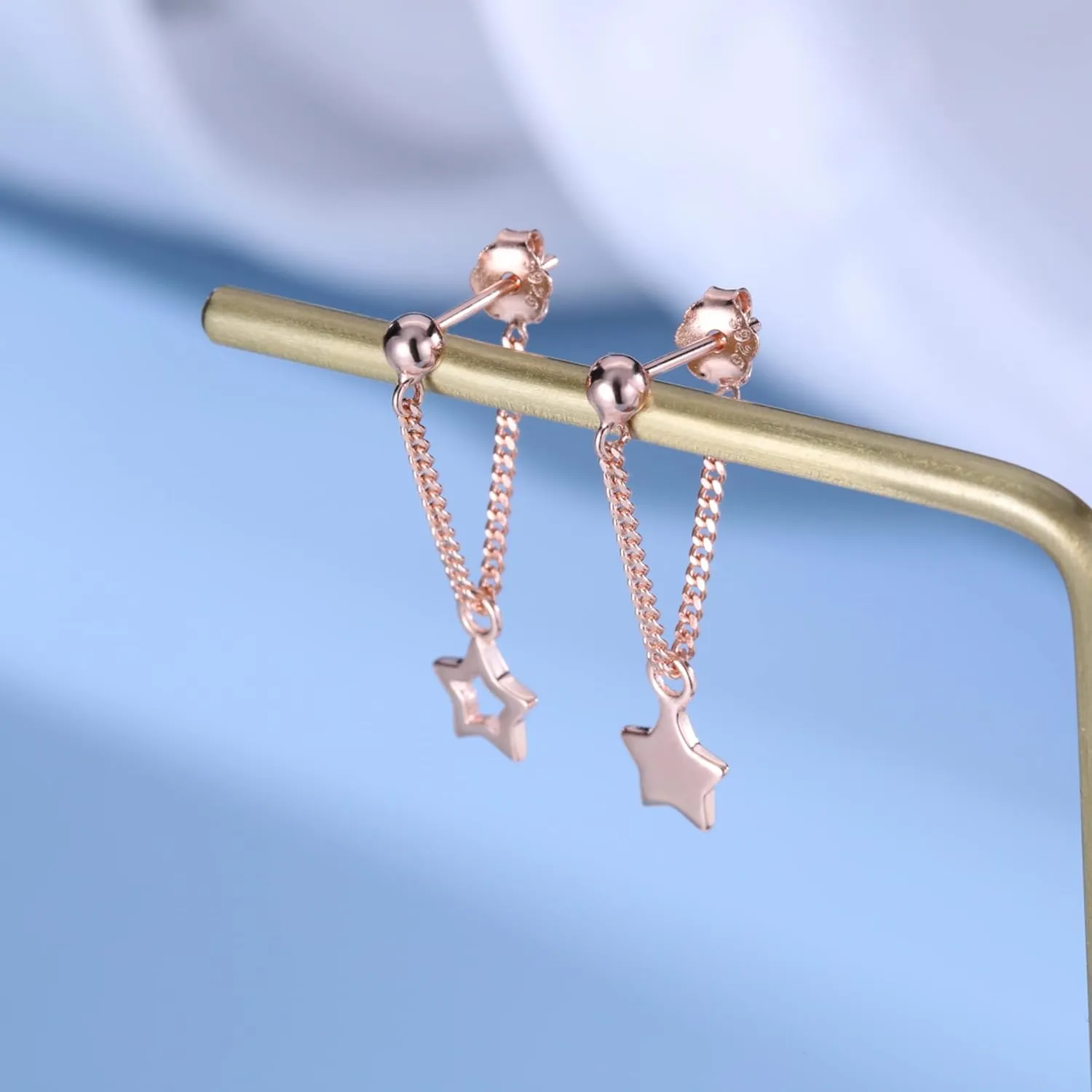 Reffeer Solid 925 Sterling Silver Star Chain Drop Earrings Dangle for Women Teens Small Star Drop Earrings Studs