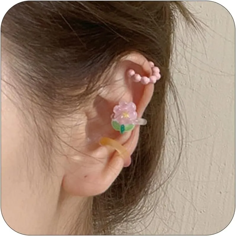 Resin Flower Ear Cuffs for Women Colorful Bead Ball Cartilage Earring Fake Huggie Hoops Non Piercing Clip On Lovely Summer Ear Jewelry Gifts 3 PCS Set