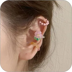 Resin Flower Ear Cuffs for Women Colorful Bead Ball Cartilage Earring Fake Huggie Hoops Non Piercing Clip On Lovely Summer Ear Jewelry Gifts 3 PCS Set