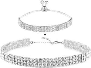 Rhinestone Choker Necklaces Set Silver Sparkly Diamond Choker Tennis Bracelet Necklace Set for Women
