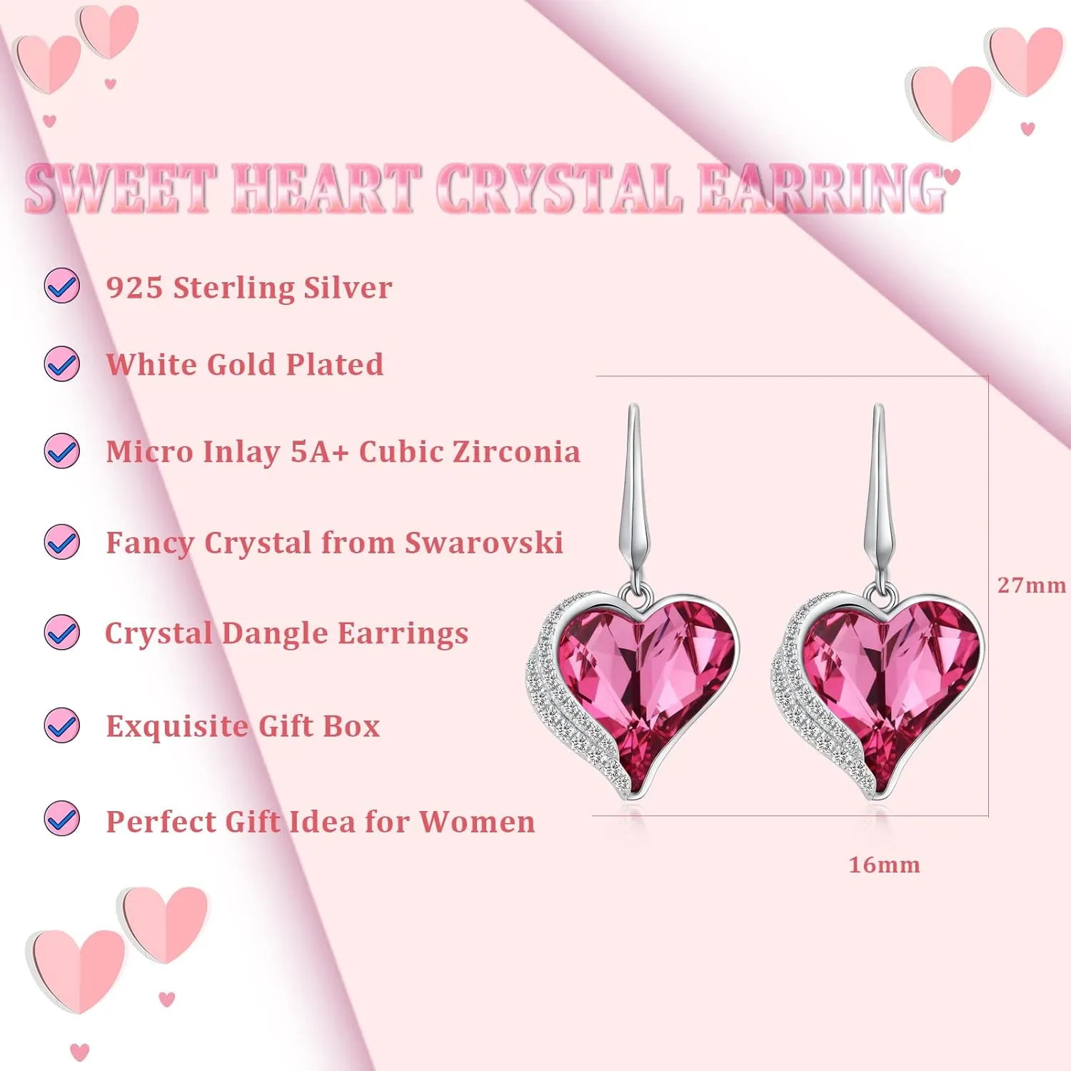 Romantic Love Heart Austrian Crystal Dangle Drop Earrings for Women 925 Sterling Silver 18K White Gold Plated Dangling Earrings Fine Jewelry