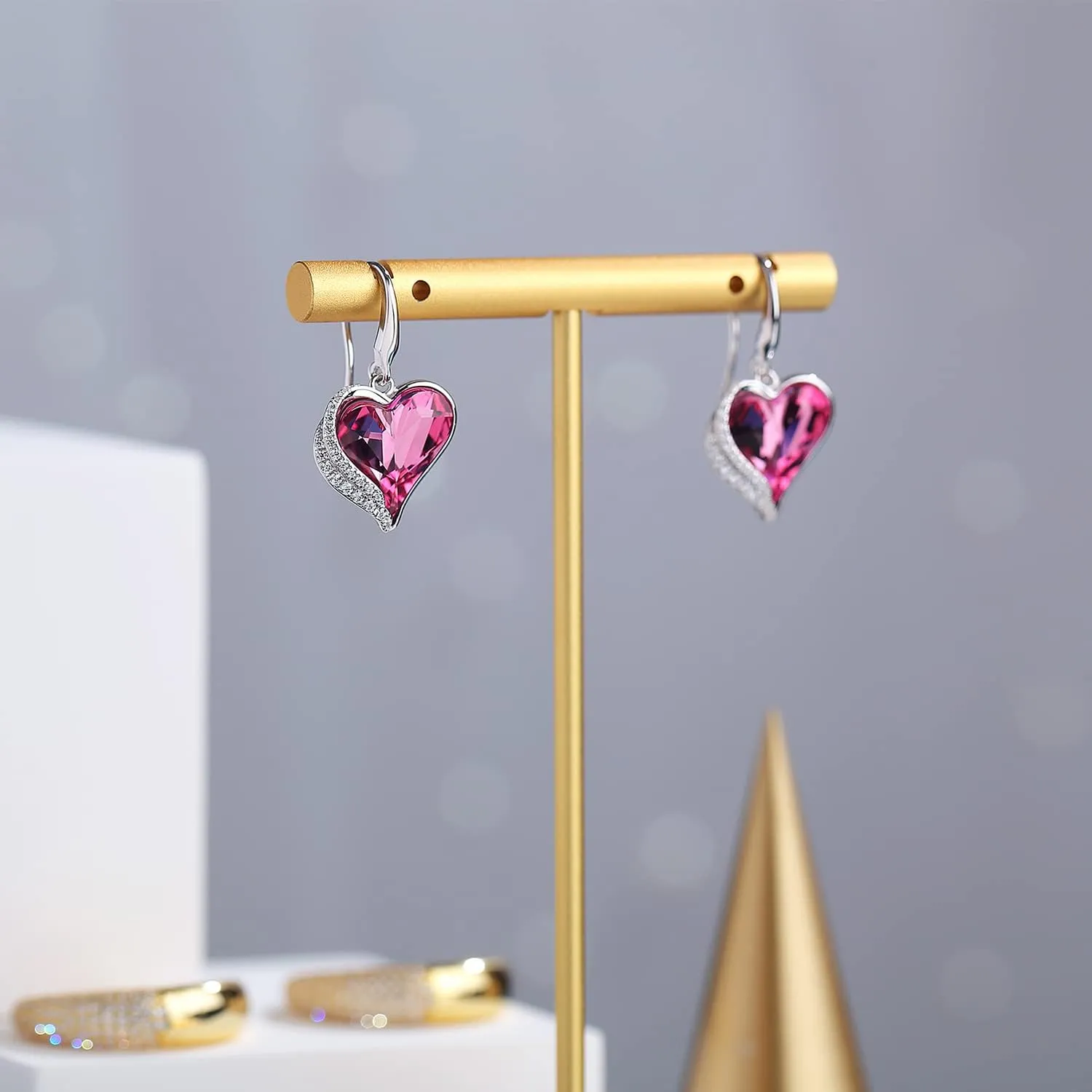 Romantic Love Heart Austrian Crystal Dangle Drop Earrings for Women 925 Sterling Silver 18K White Gold Plated Dangling Earrings Fine Jewelry