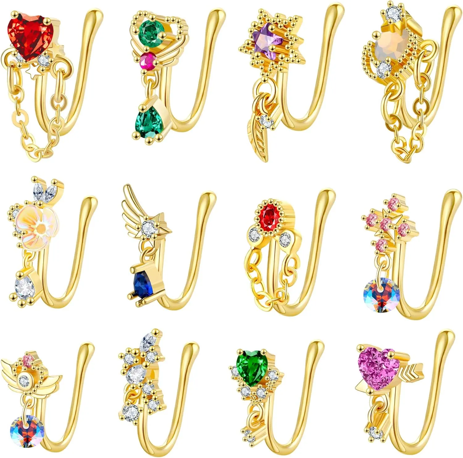 SEENI 12 PCS Fake Nose Ring Ear Cuff Clip on Helix Cartilage Earring Non Piercing Faux Nose Cuffs for Non Pierced Nose Fake Septum Nose Ring