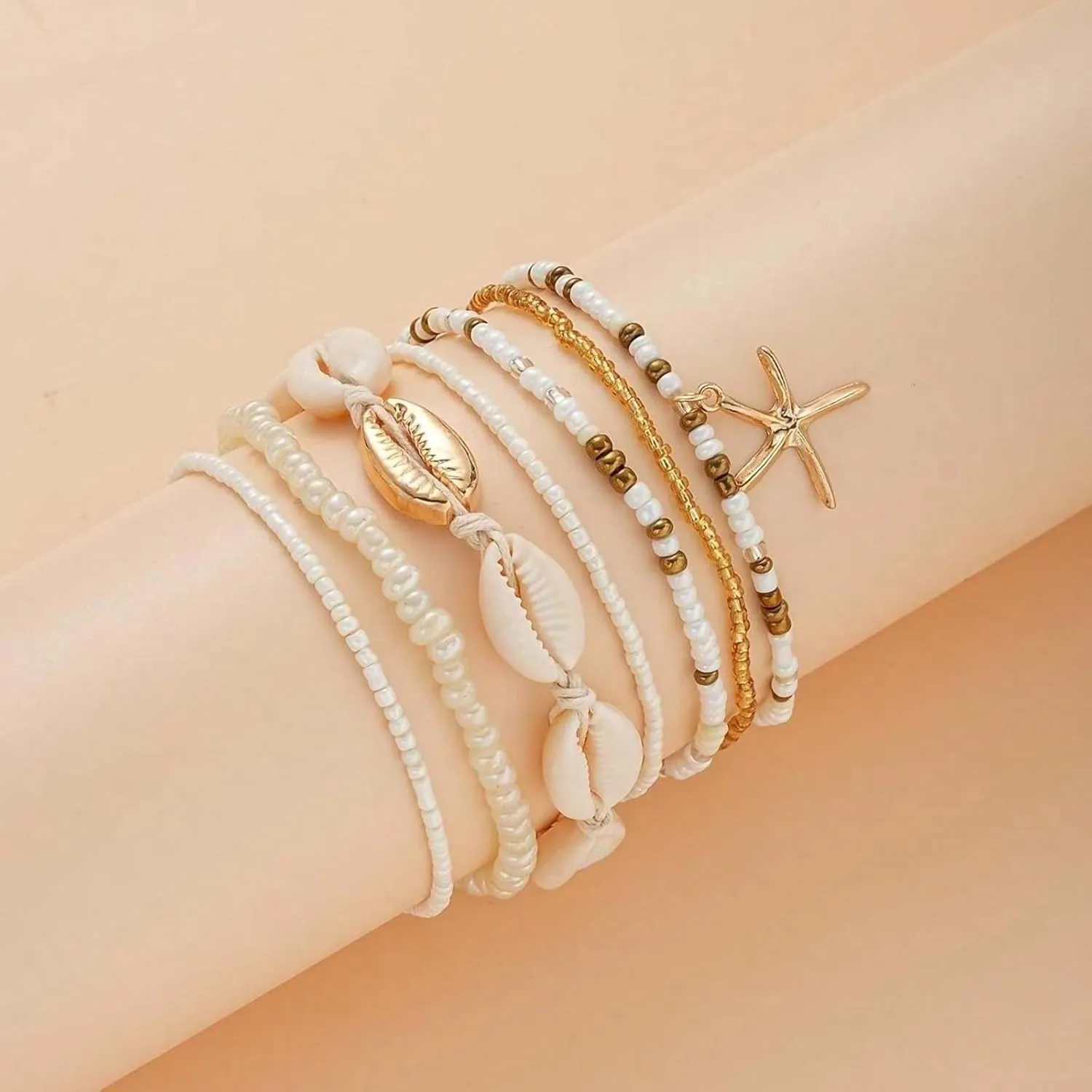 Shell Ankle Bracelet Set for Women, 14K Gold Boho Bead Adjustable Anklet, Hawaiian Beach Seashell Pearl Heart Starfish Conch Foot Jewelry Gifts
