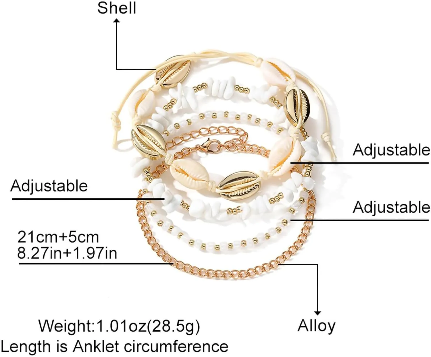 Shell Ankle Bracelet Set for Women, Gold Boho Bead Adjustable Anklet, Hawaiian Beach Seashell Pearl Heart Starfish Conch Foot Jewelry Gifts