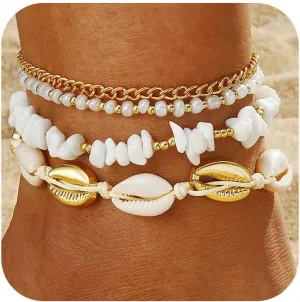 Shell Ankle Bracelet Set for Women, Gold Boho Bead Adjustable Anklet, Hawaiian Beach Seashell Pearl Heart Starfish Conch Foot Jewelry Gifts