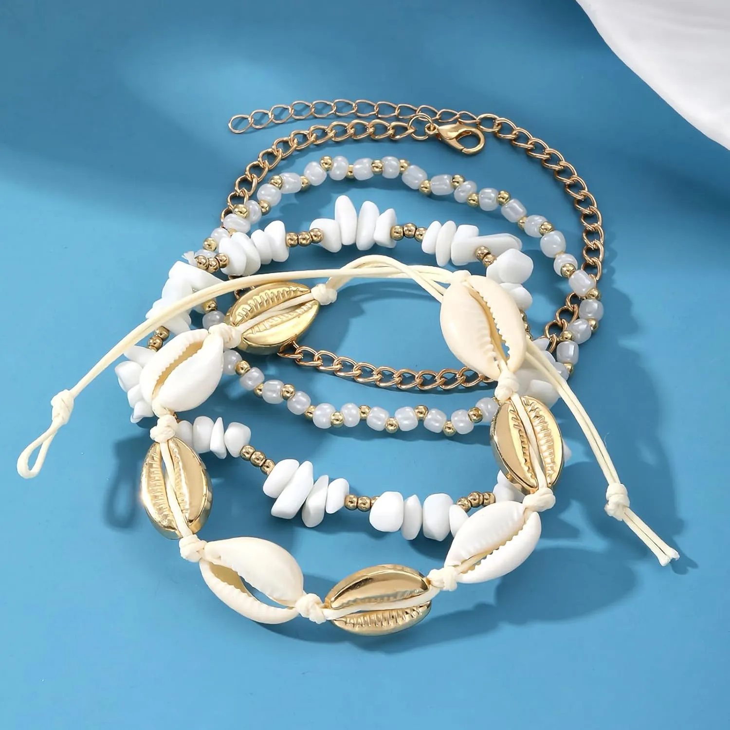 Shell Ankle Bracelet Set for Women, Gold Boho Bead Adjustable Anklet, Hawaiian Beach Seashell Pearl Heart Starfish Conch Foot Jewelry Gifts