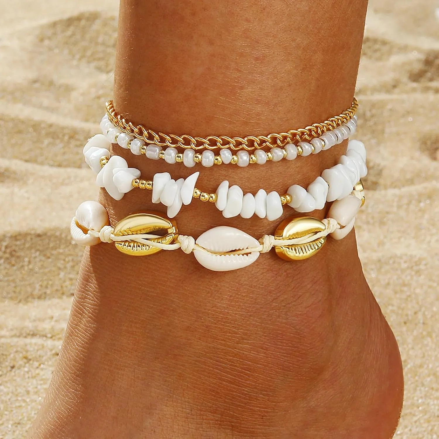 Shell Ankle Bracelet Set for Women, Gold Boho Bead Adjustable Anklet, Hawaiian Beach Seashell Pearl Heart Starfish Conch Foot Jewelry Gifts