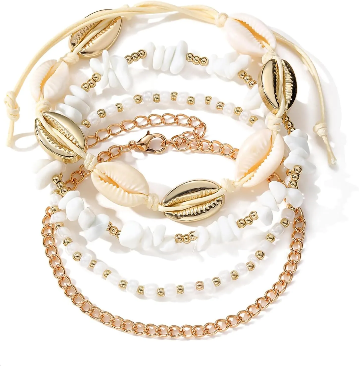 Shell Ankle Bracelet Set for Women, Gold Boho Bead Adjustable Anklet, Hawaiian Beach Seashell Pearl Heart Starfish Conch Foot Jewelry Gifts
