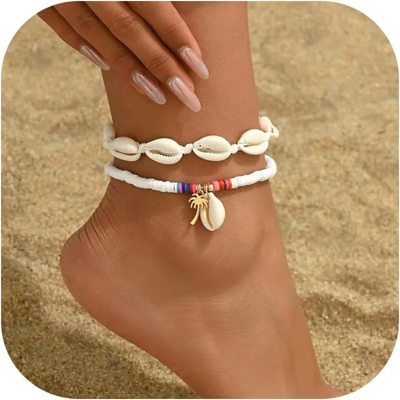 Shell Anklets for Women Shell Beach Jewelry Accessories White Pink Black Flower Ankle Bracelet Summer Vacation Dress Outfits