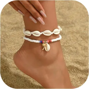 Shell Anklets for Women Shell Beach Jewelry Accessories White Pink Black Flower Ankle Bracelet Summer Vacation Dress Outfits