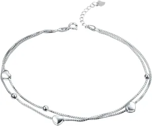 Silver Anklets for Women, 925 Silver Anklets Bracelet for Womens Double Layer Chain with Heart Silver Chain Anklets Dainty Jewelry Gift