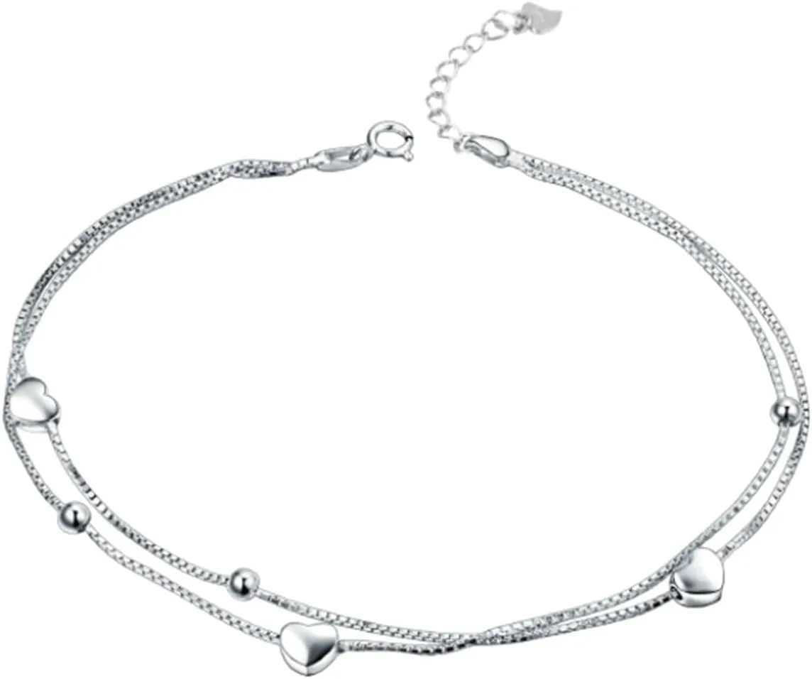 Silver Anklets for Women, 925 Silver Anklets Bracelet for Womens Double Layer Chain with Heart Silver Chain Anklets Dainty Jewelry Gift