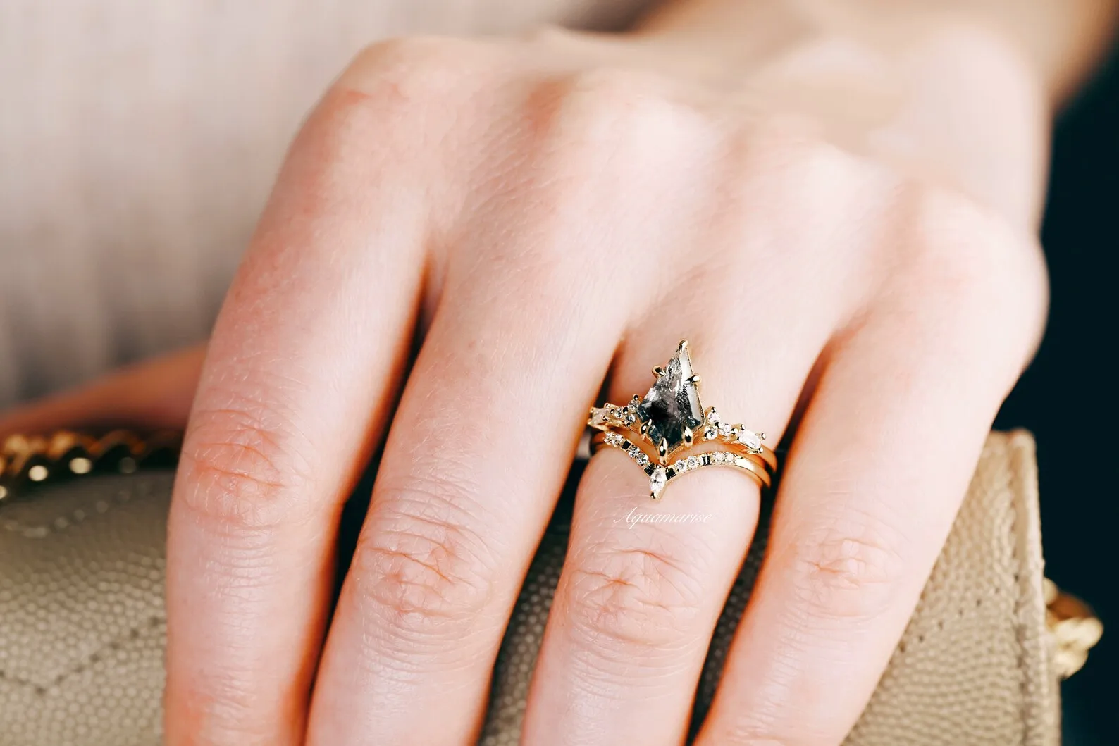 Skye Galaxy Raw Salt & Pepper (Herkimer) Diamond Ring Set- 14K Yellow Gold Vermeil