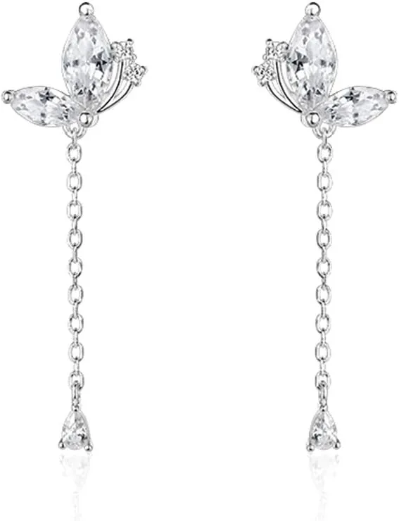 SLUYNZ 925 Sterling Silver CZ Butterfly Dangle Earrings Droplet Chain for Women Teen Girls Pretty Butterfly Drop Earrings Tassel