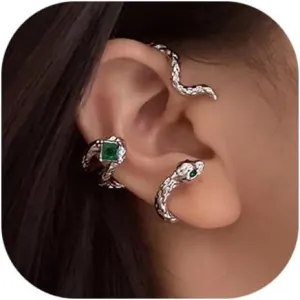 Snake Ear Cuff Earrings Non Piercing,Green CZ Silver Cartilage Cuff Clip On Earrings Punk Vintage Fake Snake Ear Climber Earrings