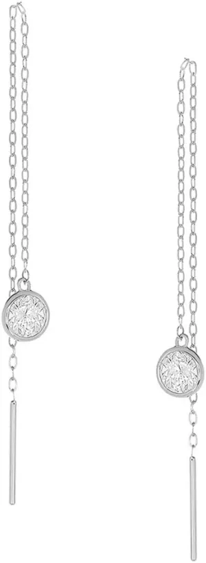Solid 14K White Gold Earrings Chain Dangle Earrings Round CZ Bezel Threader Drop Earrings