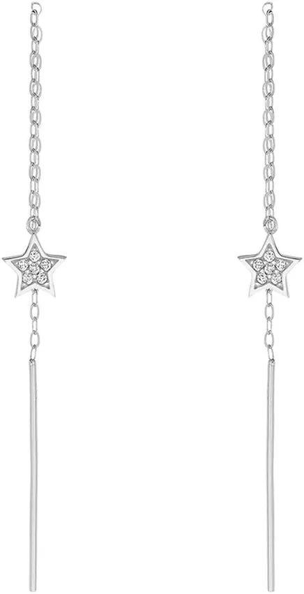 Solid 14K White Gold Earrings Handmade CZ Star Threader Drop Earrings