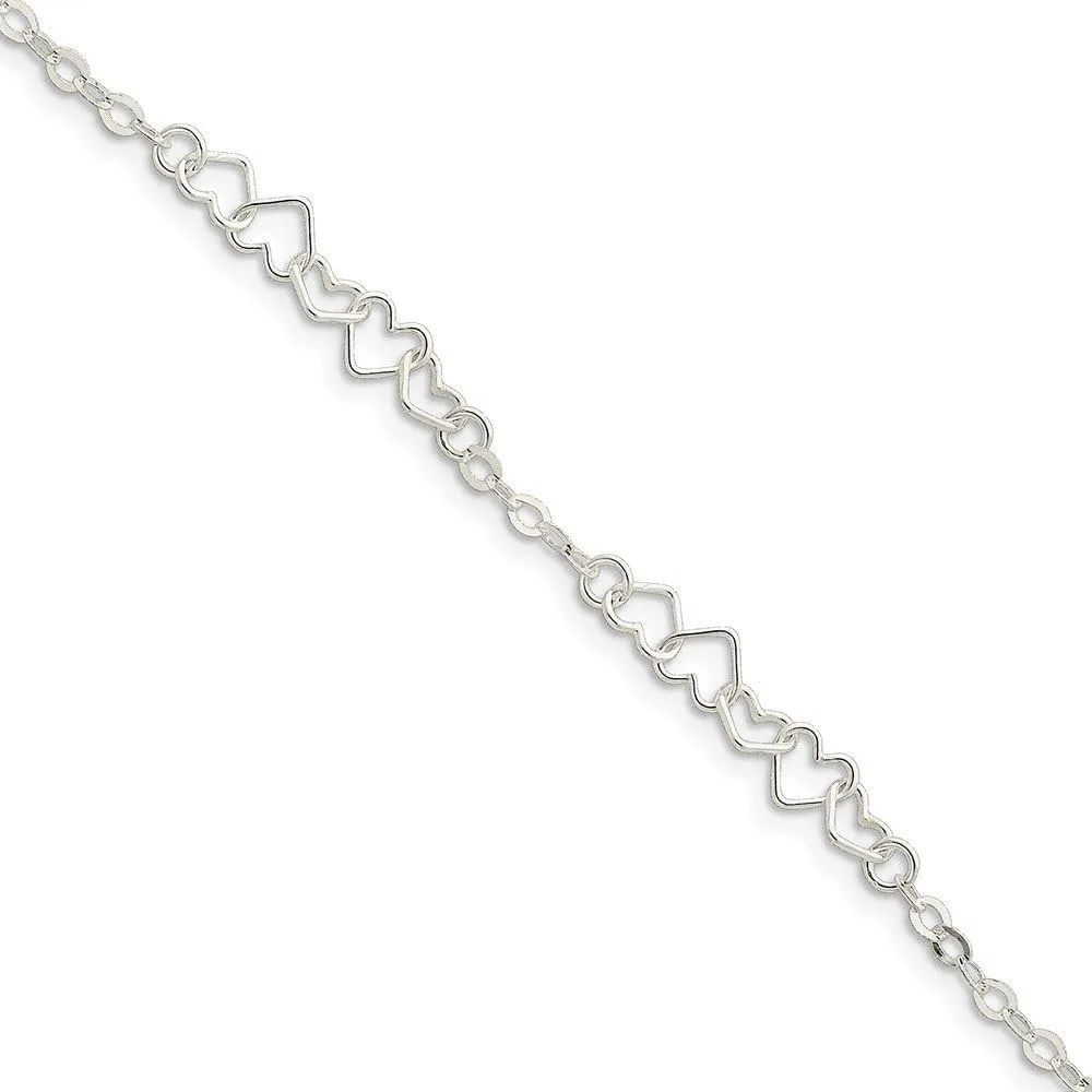 Solid 925 Sterling Silver 9inch Unique Heart Link Anklet - with Secure Lobster Lock Clasp 9"