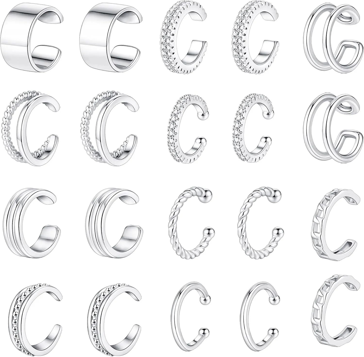 SONNYX 10 Pairs Ear Cuff Earrings for Women Non Piercing 14K Gold Silver Ear Cuffs for Non Pierced Ears Clip on Cartilage Earring Fake Earrings Lightweight