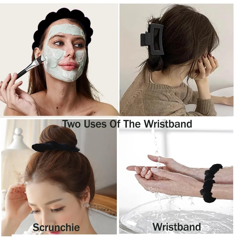 Spa Headband and Wristband Set for Women Girls, Skin Care Headband for Washing Face - Hair Clip Scrunchies Makeup Headbands Terry Cloth Sponge Puffy, Makeup Hair Accessories - Black