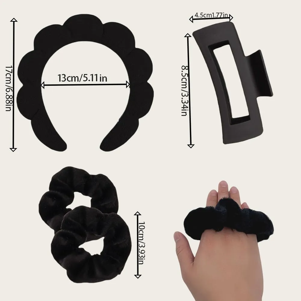 Spa Headband and Wristband Set for Women Girls, Skin Care Headband for Washing Face - Hair Clip Scrunchies Makeup Headbands Terry Cloth Sponge Puffy, Makeup Hair Accessories - Black