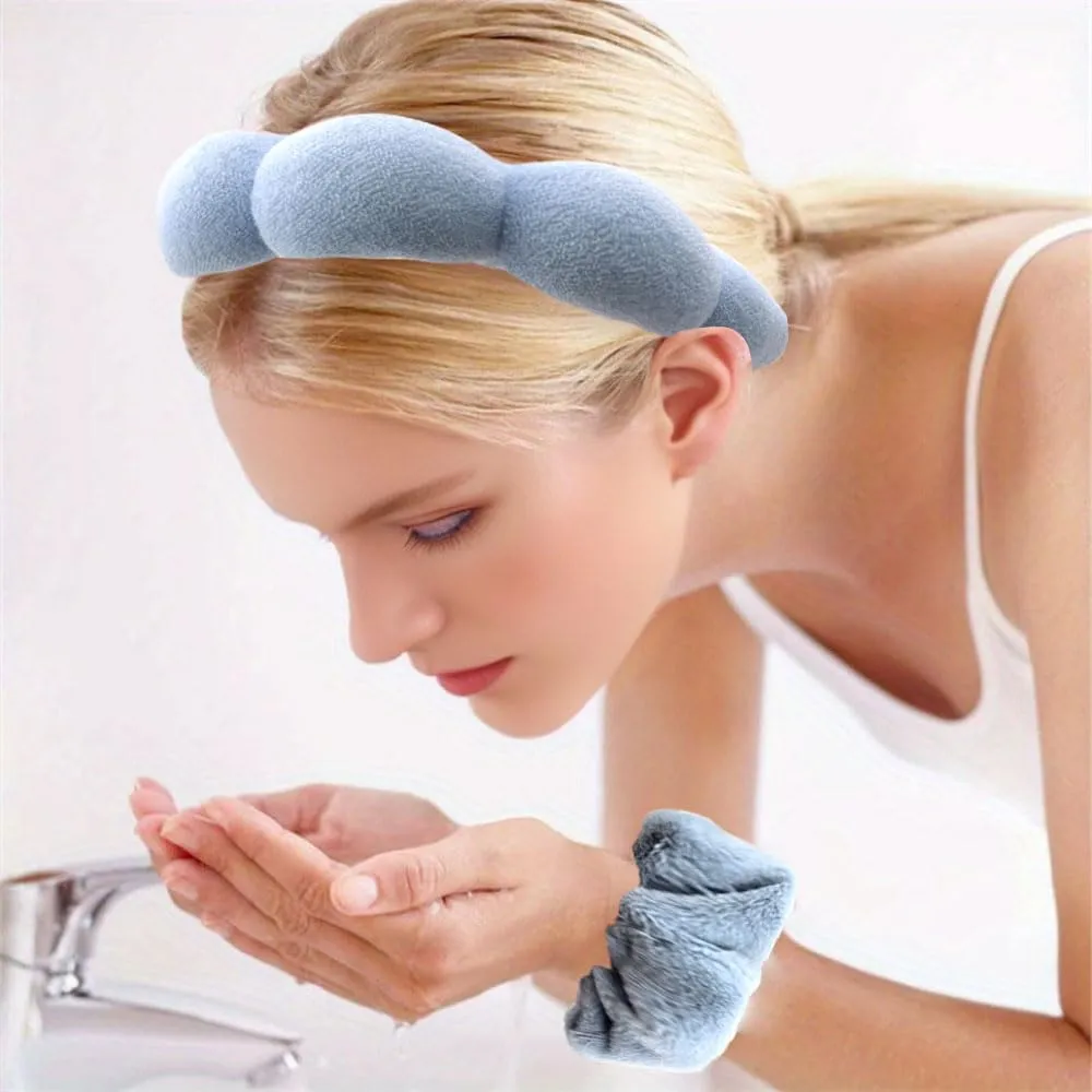 Spa Headband and Wristband Set for Women Girls, Skin Care Headband for Washing Face - Hair Clip Scrunchies Makeup Headbands Terry Cloth Sponge Puffy - Makeup Hair Accessories - Blue