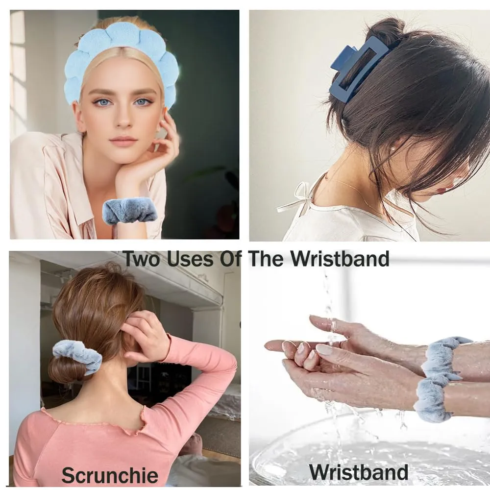 Spa Headband and Wristband Set for Women Girls, Skin Care Headband for Washing Face - Hair Clip Scrunchies Makeup Headbands Terry Cloth Sponge Puffy - Makeup Hair Accessories - Blue