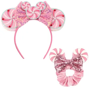 Sparkle Sequin Mouse Ears Headband and Velvet Mouse Ears Scrunchies 2pc Hair Decorative Accessories for Women Birthday Princess Dress Cosplay Party (Pink, Standard)