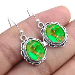 Sterling Silver 925 Dangling Earrings For Womens Green Copper Turquoise Dangle Drop Earrings Sterling Silver Drop Dangle Earrings Green Gemstone Minimalist Dangle Drop Earrings