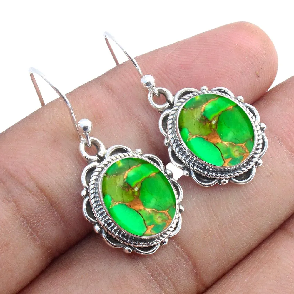 Sterling Silver 925 Dangling Earrings For Womens Green Copper Turquoise Dangle Drop Earrings Sterling Silver Drop Dangle Earrings Green Gemstone Minimalist Dangle Drop Earrings