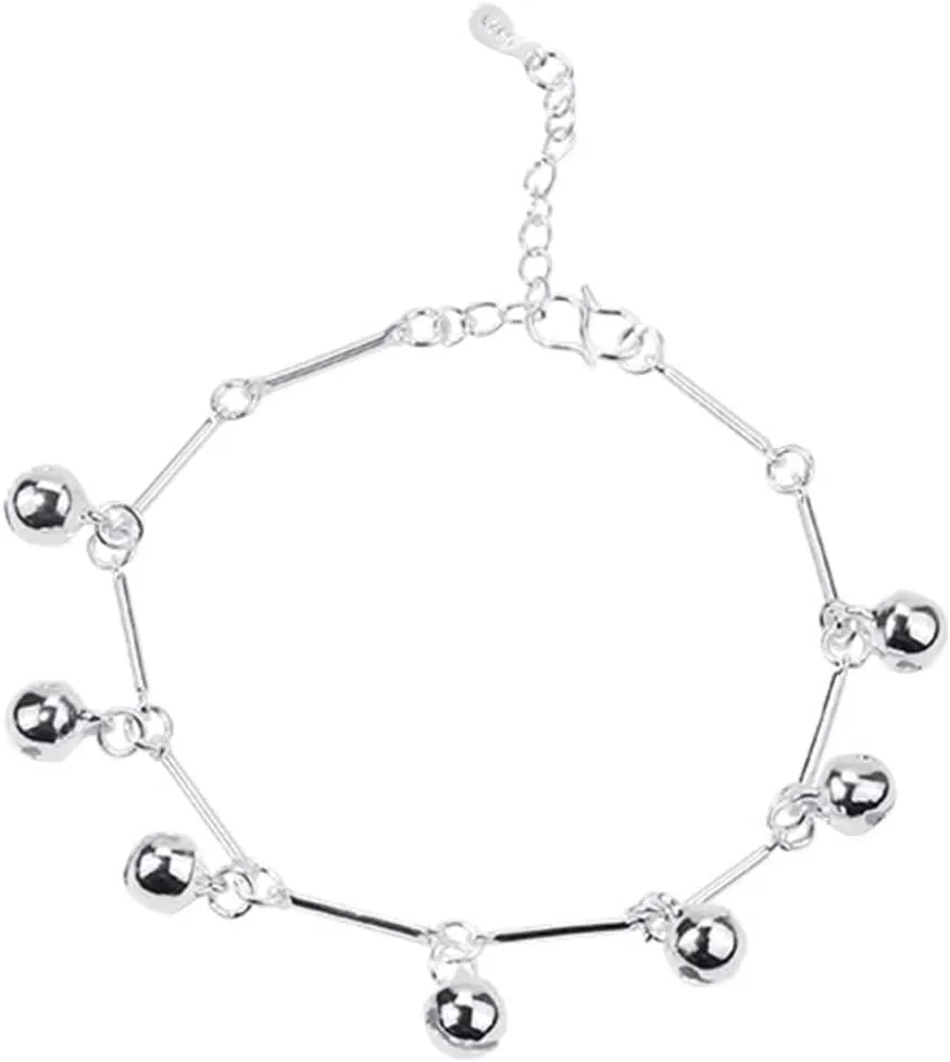 Sterling Silver Ankle Bracelets for Women 10 Inch, Beach Jewelry Anklets Chain with Bells Silver Foot Accessories Summer 25cm