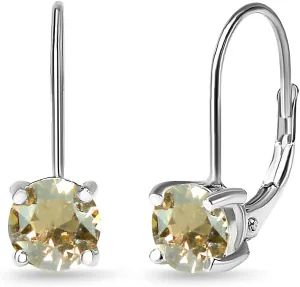 Sterling Silver Birthstone Drop Earrings, Crystal Solitaire Dangle Earrings, 6mm Round Leverback, Dainty