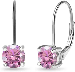 Sterling Silver Birthstone Drop Earrings, Crystal Solitaire Dangle Earrings, 6mm Round Leverback, Dainty
